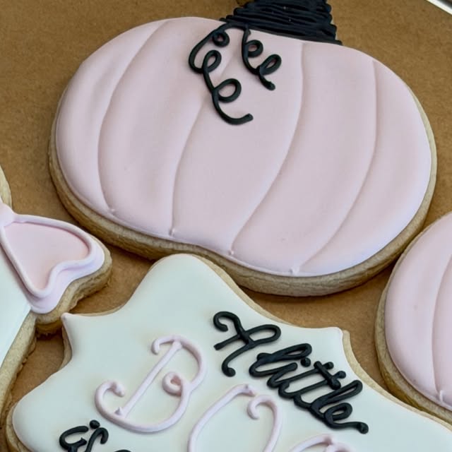Baby shower cookies: a pink pumpkin and a plaque, a little boo is almost due, August 1, 2026.